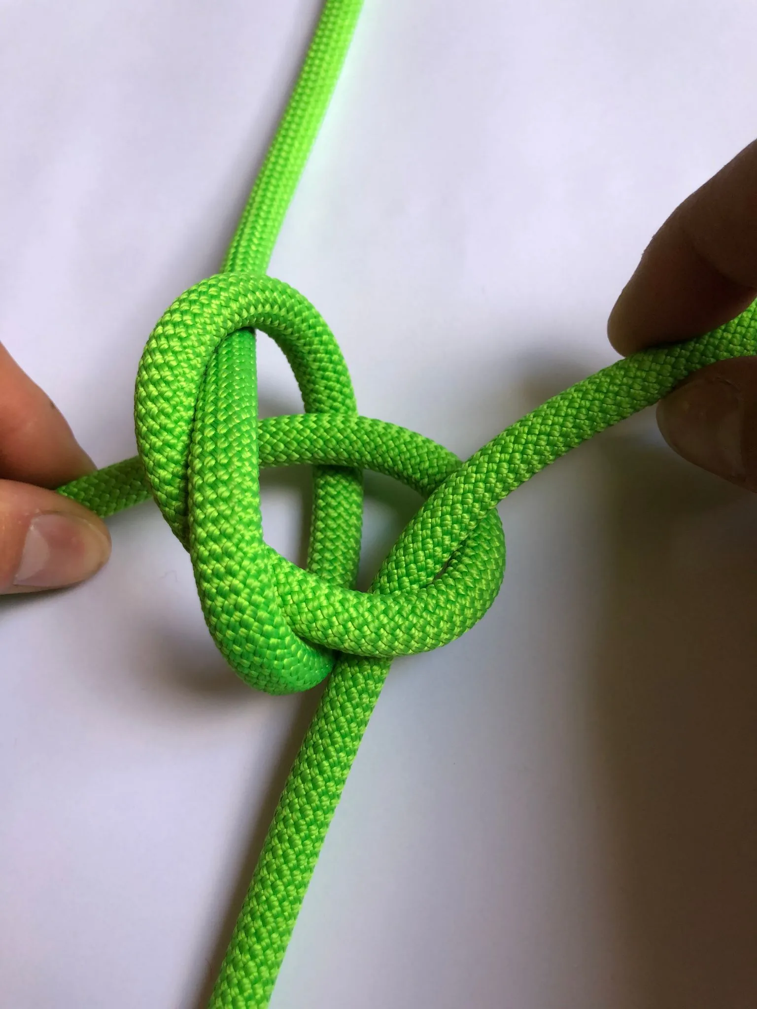 5. Tirer sur le brain qui constitue la boucle et tenir le brin précédemment passé dedans. Ce brin va être “absorbé” par la boucle. Une fois terminé vous pouvez retourner le tout pour voir apparaître le nœud de chaise.
